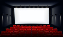 Empty Movie Theatre. Cinema Hall With White Screen And Red Chairs. Modern Movies Theater For Festivals And Films Presentation. Interior Design. Online Cinema Concept. Vector Illustration.