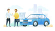 Car dealership service flat vector illustration. Salesman gives customer car keys cartoon characters. Vehicle rental business, automobile showroom, salon. Transport sale, successful agreement.