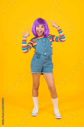 Cosplay Character Concept Culture Hobby And Entertainment Happy Childhood Anime Fan Cosplay Kids Party Child Cute Cosplayer Cosplay Outfit Otaku Girl In Wig Smiling On Yellow Background Buy This Stock Photo