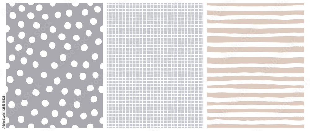 Hand Drawn Childish Style Vector Pattern Set. White Horizontal Stripes on a Beige Background. White Grid On a Gray Layout. White Polka Dots on a Gray. Cute Simple Geometric Design. - obrazy, fototapety, plakaty 