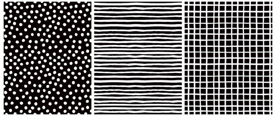 Hand Drawn Childish Style Vector Pattern Set. White Horizontal Stripes on a Black Background. White Grid On a Back Layout. White Polka Dots on a Black. Cute Simple Geometric Design.