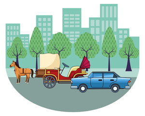 Wall Mural - Classic cars and horse carriages vehicles