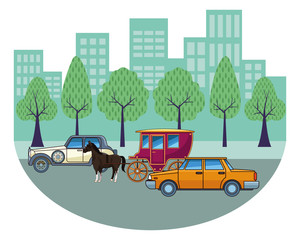 Wall Mural - Classic cars and horse carriages vehicles