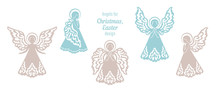 Set Of Beautiful Angels With Ornamental Wings And Halo