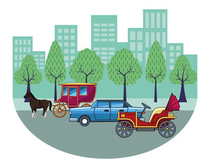 Wall Mural - Classic cars and horse carriages vehicles