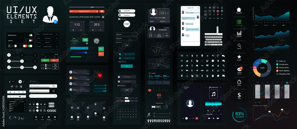 Dark UI Elements Big Set. Modern Mobile UI, UX, Kit for App Development in Flat Style. Modern Interface Mockup for Mobile, PC, Applications. Set of Forms, Dividers, Bars, Icons and Buttons. Vector set - obrazy, fototapety, plakaty 