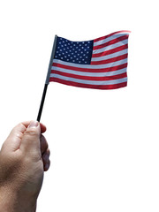 Handheld United States of America flag cut-out against a white background.