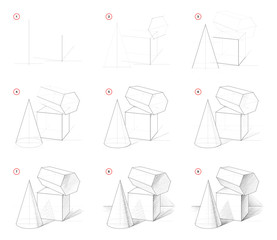 Wall Mural - how to draw step-wise sketch of still life with geometric shapes. creation step by step pencil drawi