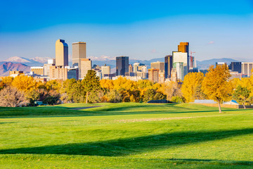 Wall Mural - Scenic of Denver Colorado skyline. City Park, Ferril Lake and Rocky Mountains. Located in Denver, Colorado, USA.