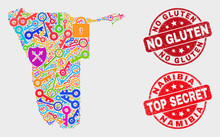 Guard Namibia Map And Seal Stamps. Red Round Top Secret And No Gluten Distress Seal Stamps. Colored Namibia Map Mosaic Of Different Lock Icons. Vector Collage For Security Purposes.