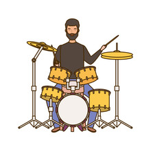 Young Man With Drum Kit On White Background