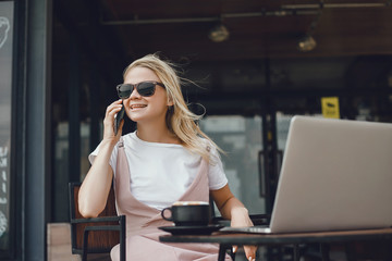 Pretty Young Beauty Woman Using Laptop in cafe, outdoor portrait business woman, hipster style, internet, smartphone, office, Bali Indonesia, holding, mac OS, manager, freelancer 