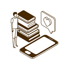 Poster - man with smartphone screen and stack books on white background