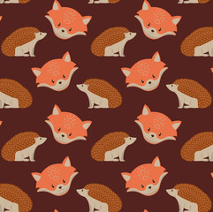 Wall Mural - Foxes and porcupine cartoons pattern background