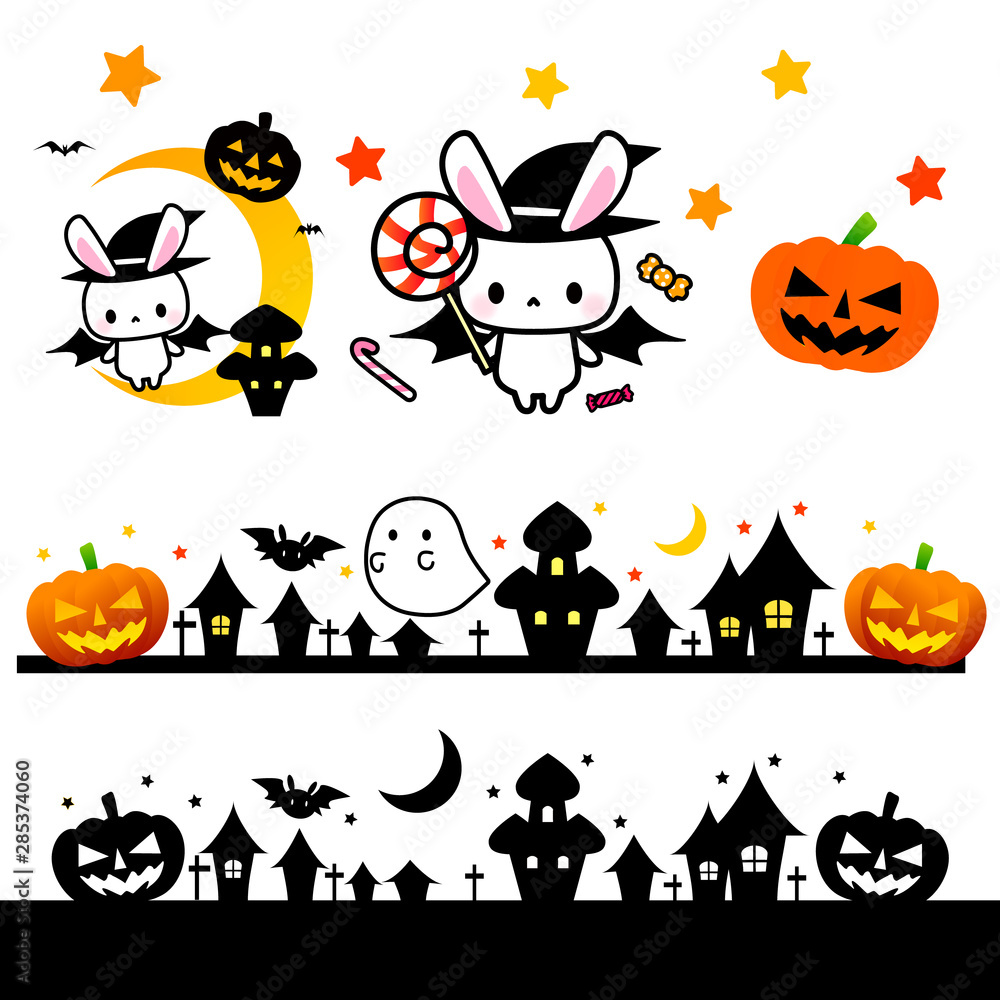 ハロウィン素材・魔法使いうさぎさんとカボチャおばけジャック・オー
