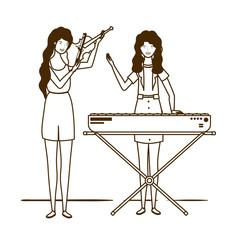 Sticker - silhouette of women with musicals instruments on white background