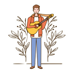 Wall Mural - man with acoustic guitar and branches and leaves in the background