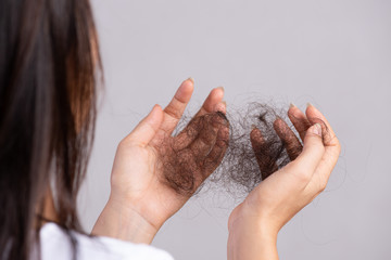 Wall Mural - Healthy concept. Woman show her damaged long loss hair and looking at her hair on hand.