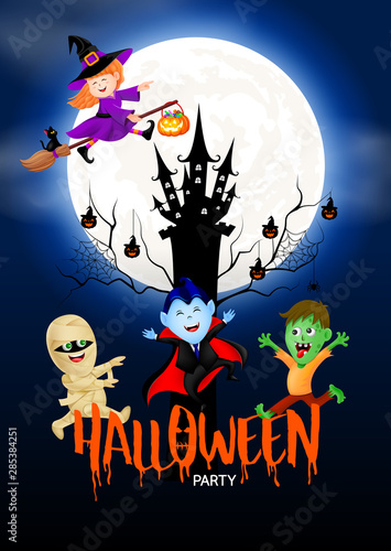 Funny Cute Cartoon Character Witch Count Dracula Zombie And Mummy In Moon Night Happy Halloween Concept Design For Banner Poster Greeting Card Illustration Buy This Stock Vector And Explore Similar Vectors