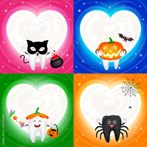Four Halloween Cartoon Tooth Set With Moon In Heart Shape Black
