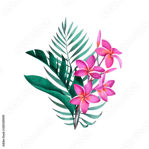 kompozycja-roslin-tropikalnych-i-kwiatow-botaniczne-akwarela-zielone-liscie-egzotyczne-palma-kokosowa-monstera-drzewo-bananowe-plumeria