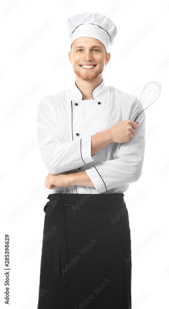 Handsome male chef on white background