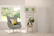 © AntonSh - Mock up of stylish room in white color with armchair and green landscape in window. Scandinavian interior design. 3D illustration