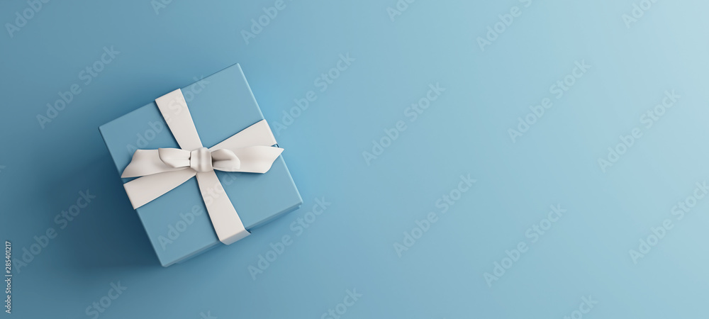 Mock-up poster, baby blue gift box with white bow on light blue background, 3D Render, 3D Illustration - obrazy, fototapety, plakaty 