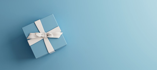 mock-up poster, baby blue gift box with white bow on light blue background, 3d render, 3d illustrati