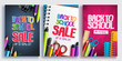© AmazeinDesign - Back to school sale vector poster design set with colorful school supplies, educational items and sale text for shopping discount promotion. Vector illustration.