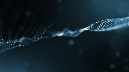 Wall Mural - 3d rendering background of glowing particles that form curved lines and 3d surfaces, grid with depth