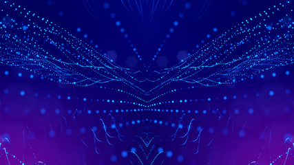 Wall Mural - 3d rendering background of glowing particles that form curved lines and 3d surfaces, grid with depth