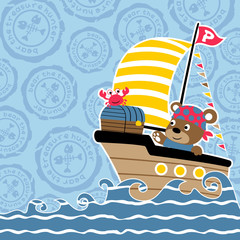 Wall Mural - animals pirates on sailboat with treasure chest, vector cartoon illustration