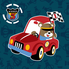 Poster - vector cartoon of funny car racer on trophy background pattern