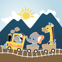 Poster - vector cartoon  of cute animals journey with steam train