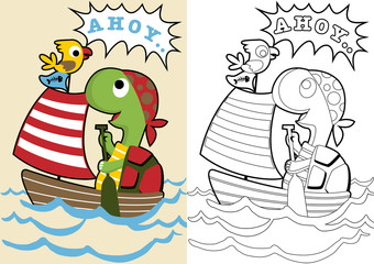 Wall Mural - turtle with little bird on sailboat, vector cartoon, coloring page or book