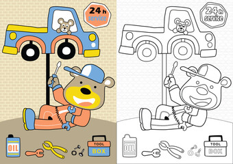 Wall Mural - bear fixing the car, vector cartoon, coloring page or book