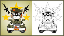 Vector Cartoon Of Animal Soldier On Armored Vehicle, Coloring Page Or Book