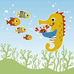 Poster - vector cartoon of cute sea animals underwater