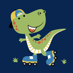 Canvas Print - vector cartoon of dino playing roller skate