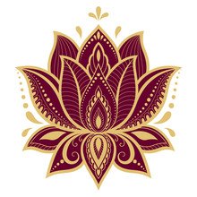 Colorful Floral Pattern For Mehndi And Henna Drawing. Hand-draw Lotus Symbol. Decoration In Ethnic Oriental, Indian Style. Red Design On White Background.