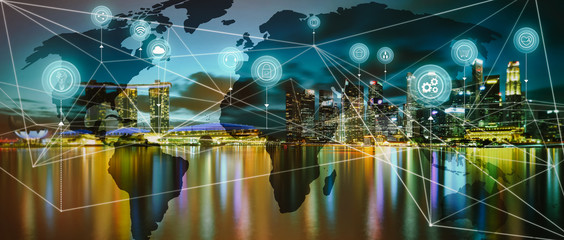 International business concept with modern city skyline background with network on map and internet of thing