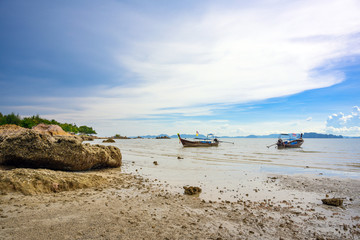 Sticker - Beach side with sea view and boat at Tub Kaek Beach Krabi Province, Thailand.