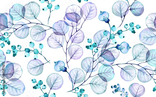 Tapeta ścienna na wymiar Transparent leaves watercolor seamless pattern. Hand drawn floral illustration with turquoise berries for wedding design, surface, textile, wallpaper