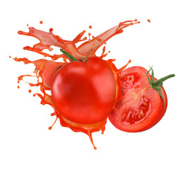 Wall Mural - Fresh tomato with juice on a white background