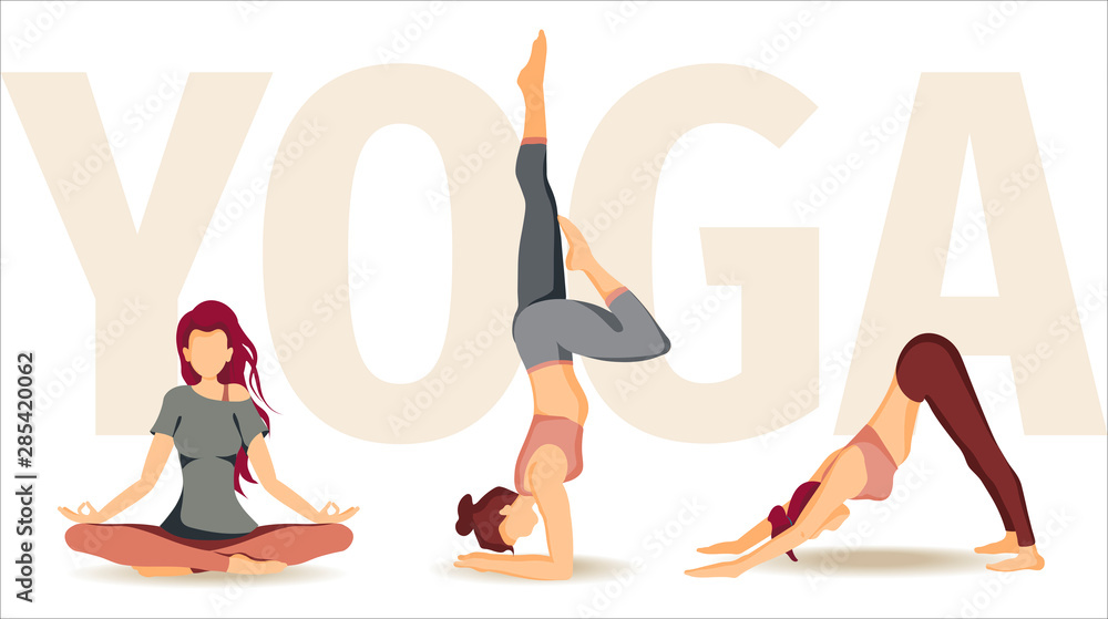 Vector illustration with Women performing yoga poses. The concept of wellness, flexibility and endurance, Yoga Day, healthy lifestyle, sport. Poster, banner, card, cover design. - obrazy, fototapety, plakaty 