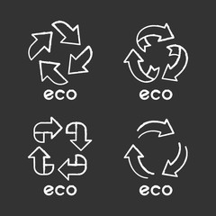 Sticker - Eco labels chalk icons set. Arrows signs. Recycle symbols. Alternative energy. Environmental protection stickers. Eco friendly chemicals. Organic cosmetics. Isolated vector chalkboard illustrations