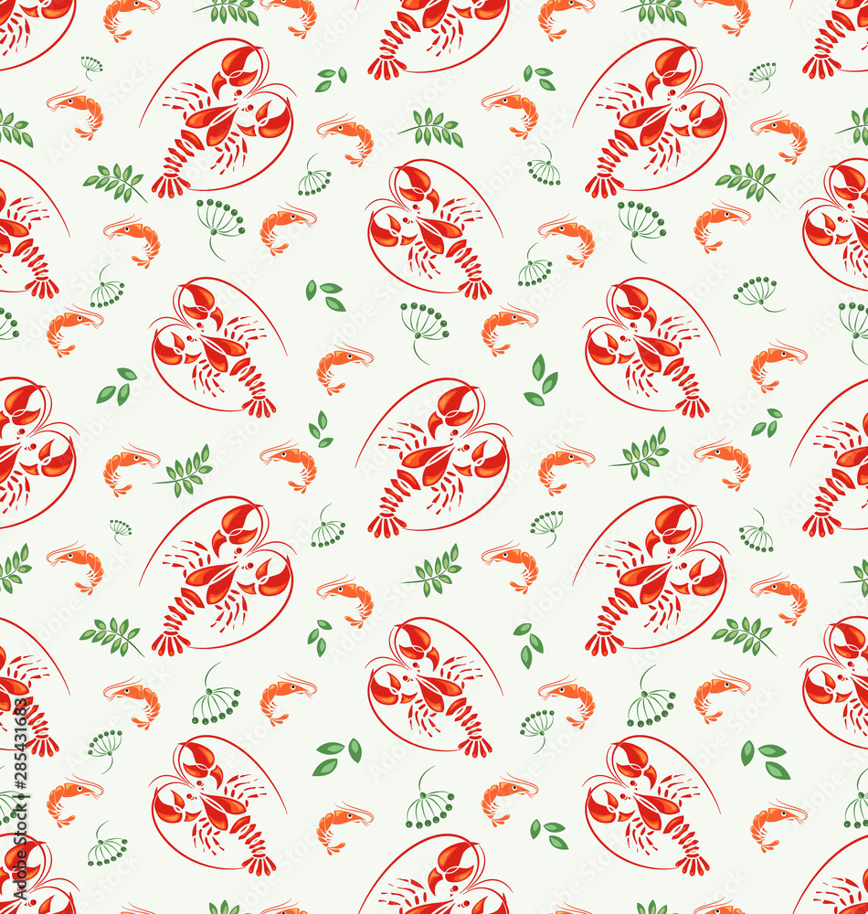 Seafood seamless pattern. Lobsters, Royal shrimp and spicy herbs ...