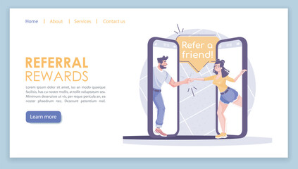 Sticker - Referral rewards landing page vector template. Marketing business website interface idea with flat illustrations. Company homepage layout. Refer a friend web banner, webpage cartoon concept