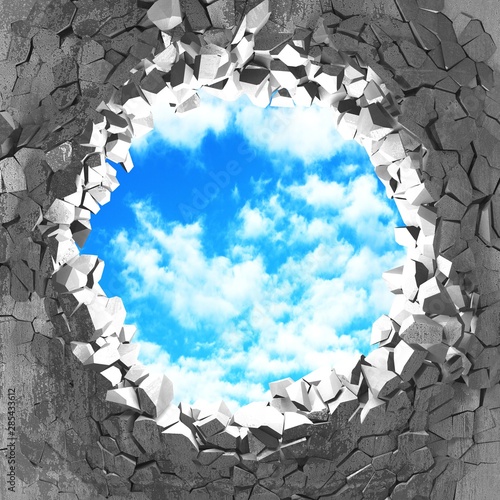 Fototapeta mur  peknieta-dziura-w-betonowej-scianie-do-zachmurzonego-nieba